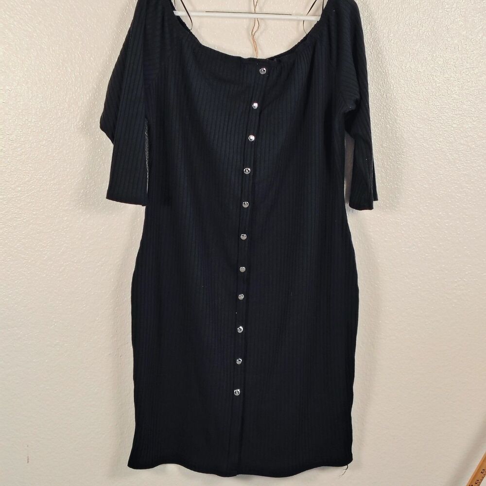 Say What? Women’s Black Ribbed Bodycon Dress Size 3X Button Front Midi Stretch P - Picture 2 of 6